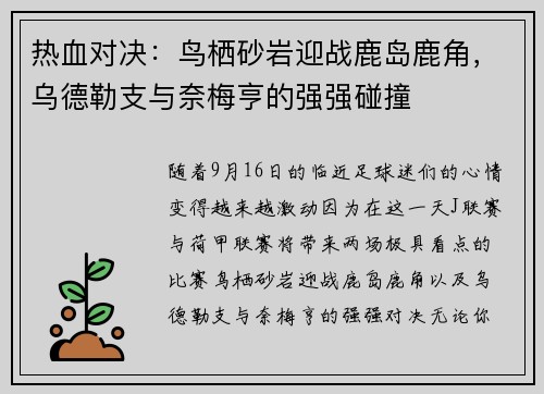 热血对决：鸟栖砂岩迎战鹿岛鹿角，乌德勒支与奈梅亨的强强碰撞