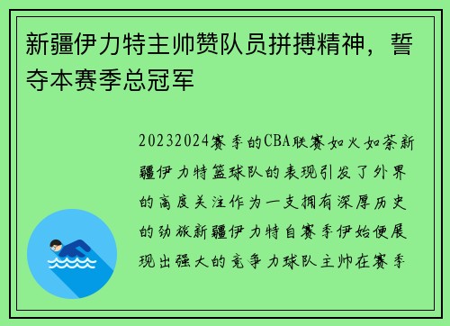 新疆伊力特主帅赞队员拼搏精神，誓夺本赛季总冠军