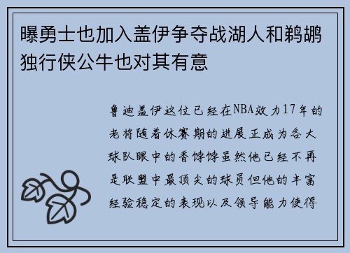 曝勇士也加入盖伊争夺战湖人和鹈鹕独行侠公牛也对其有意