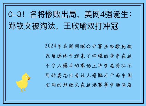 0-3！名将惨败出局，美网4强诞生：郑钦文被淘汰，王欣瑜双打冲冠